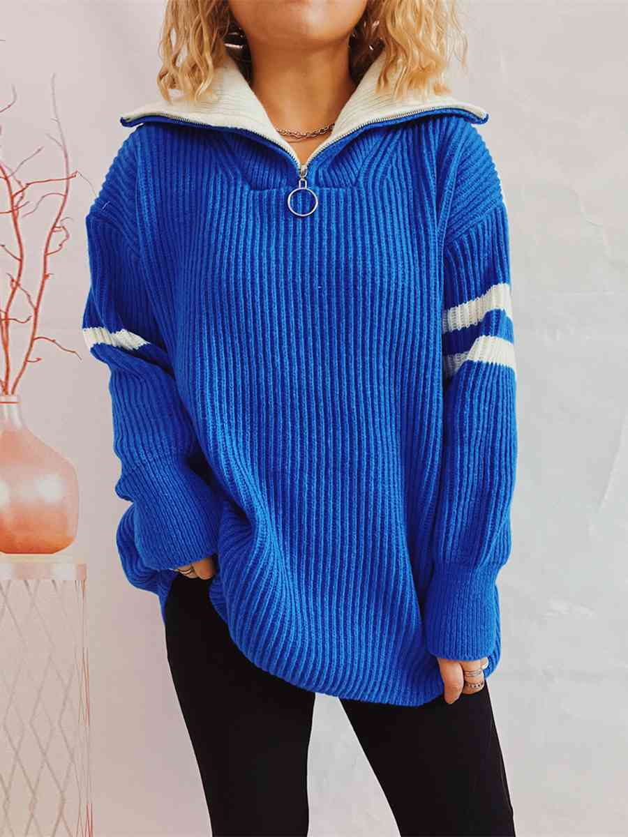 Ribbed Two-Tone Half Zip Sweater - Deals DejaVu