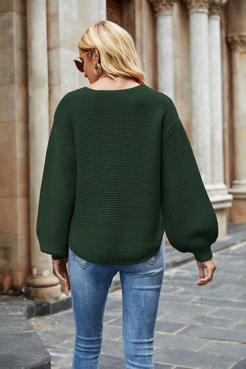 Round Neck Lantern Sleeve Sweater - Deals DejaVu