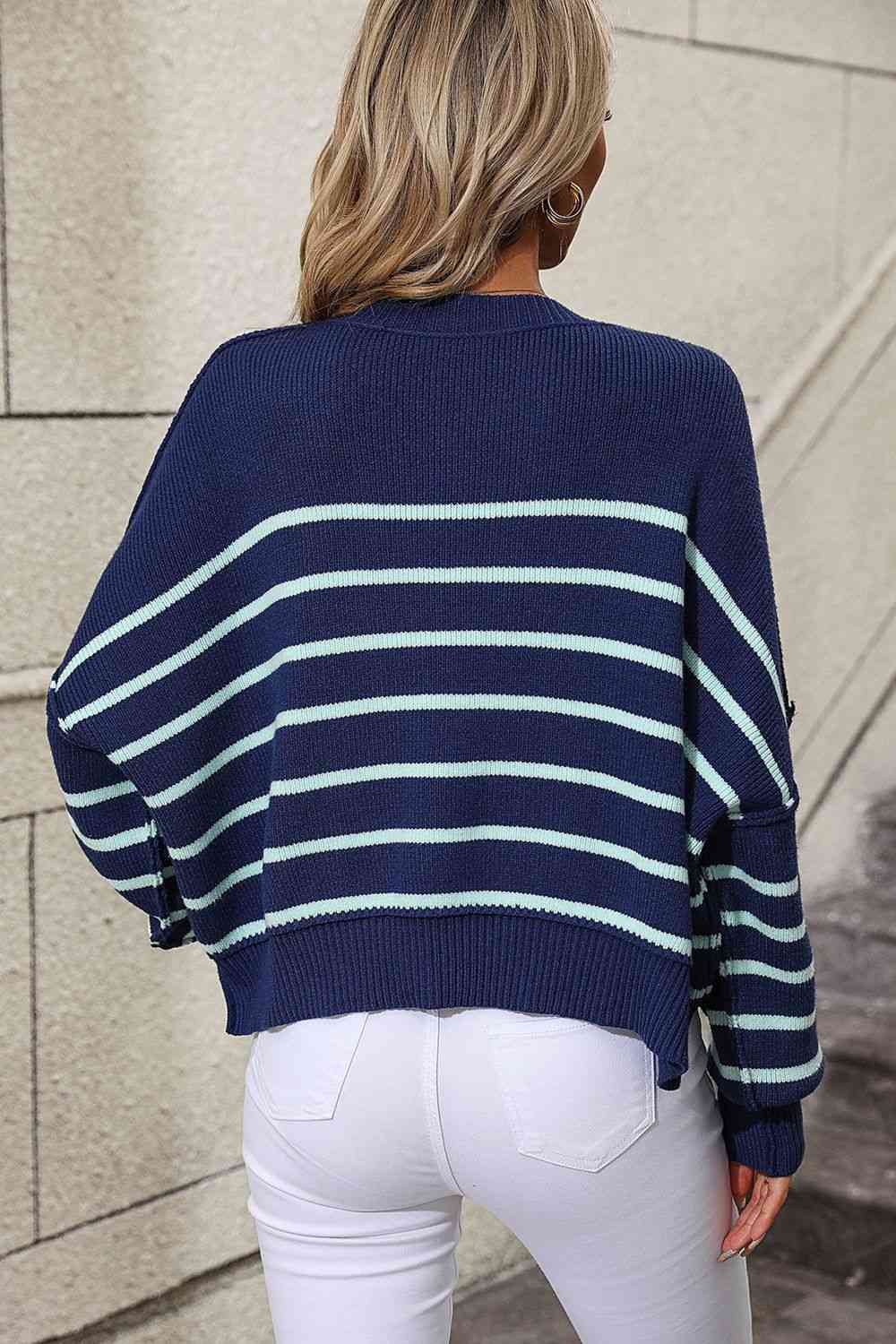 Striped Dropped Shoulder Round Neck Pullover Sweater - Deals DejaVu