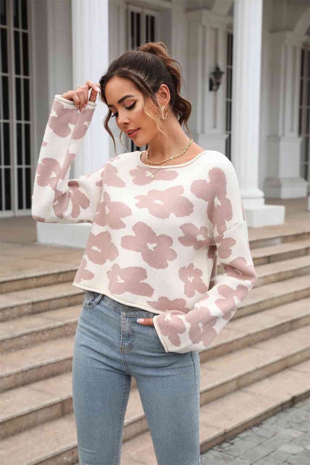 Round Neck Flower Pattern Dropped Shoulder Pullover Sweater - Deals DejaVu