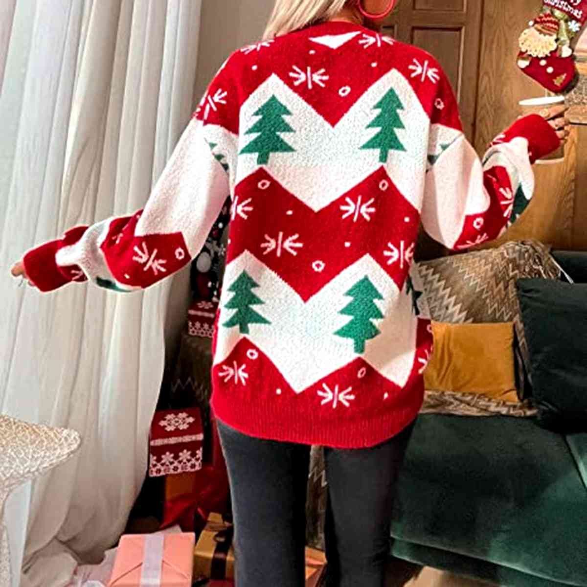 Christmas Tree Print Round Neck Sweater - Deals DejaVu