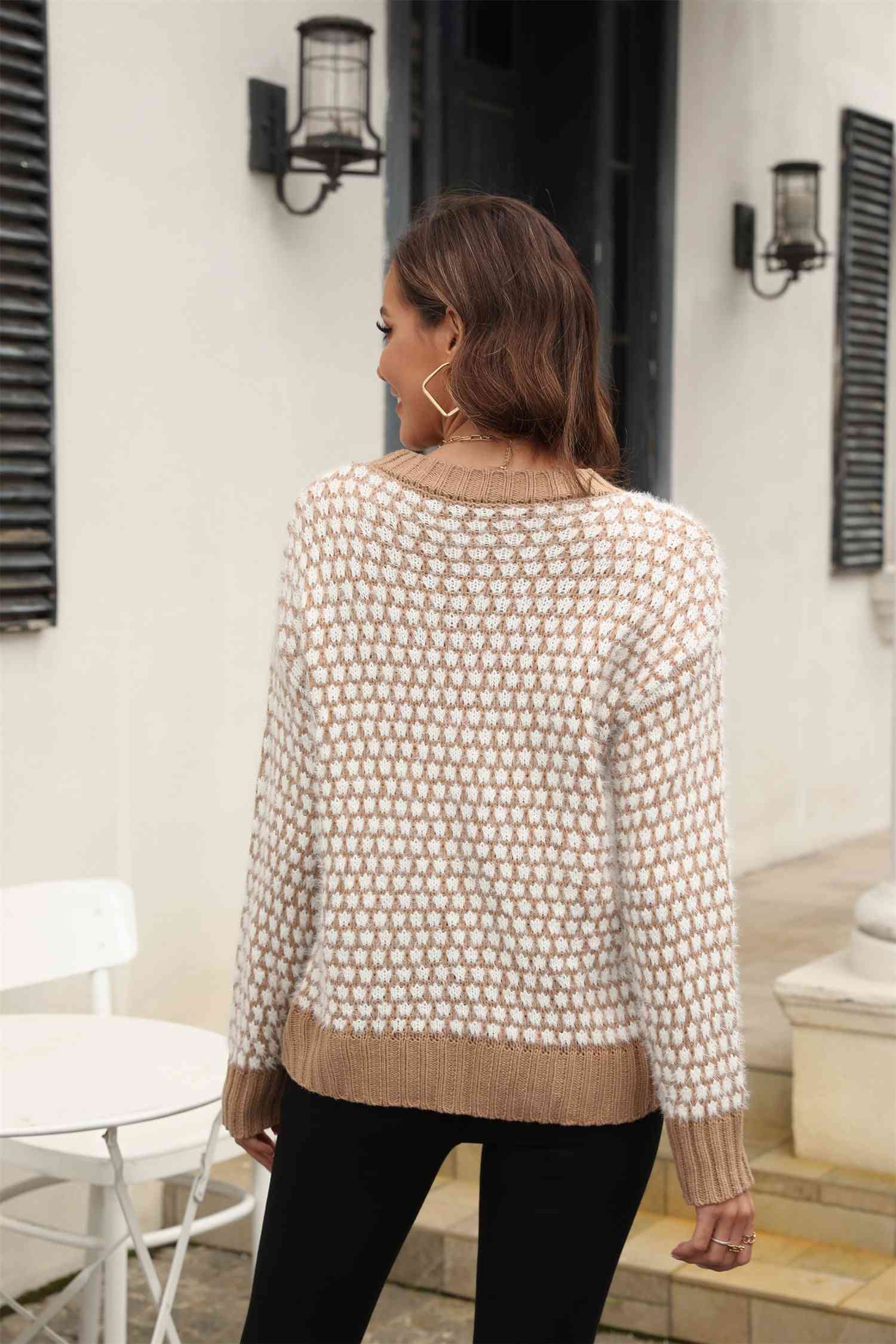 Printed Round Neck Dropped Shoulder Sweater - Deals DejaVu