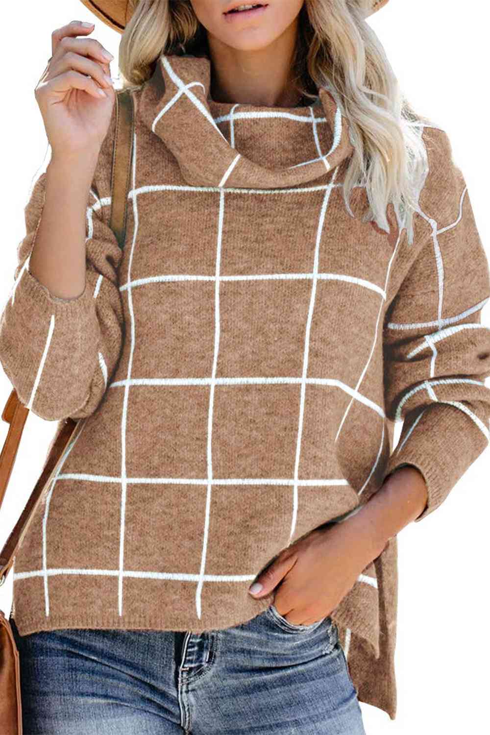 Plaid Turtleneck Drop Shoulder Sweater - Deals DejaVu