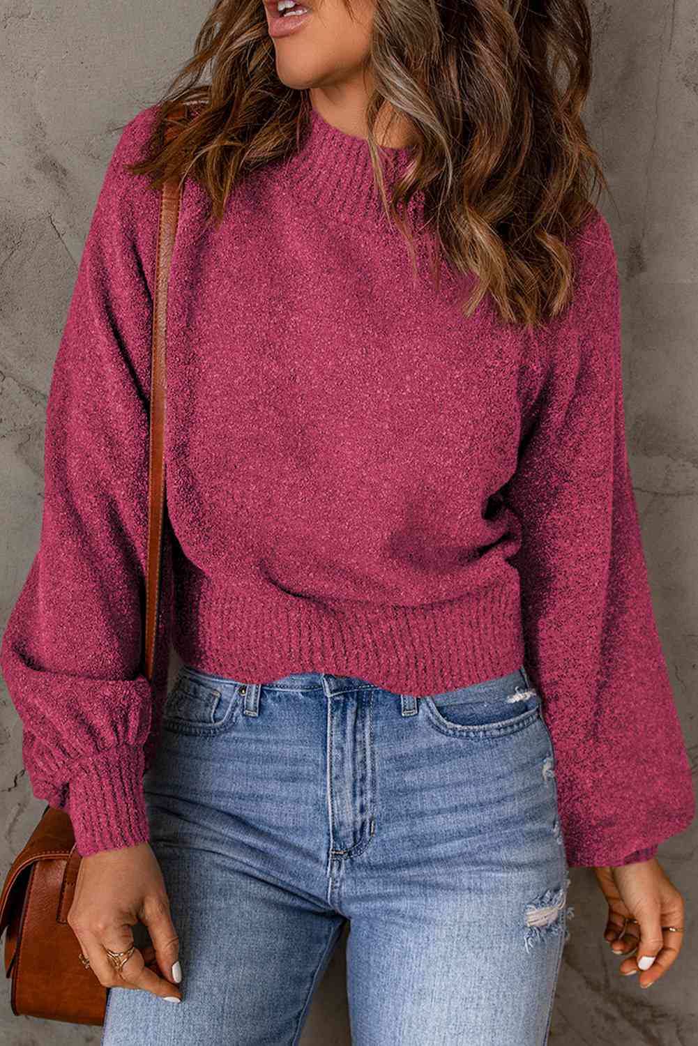 Ribbed Trim Balloon Sleeve Sweater - Deals DejaVu