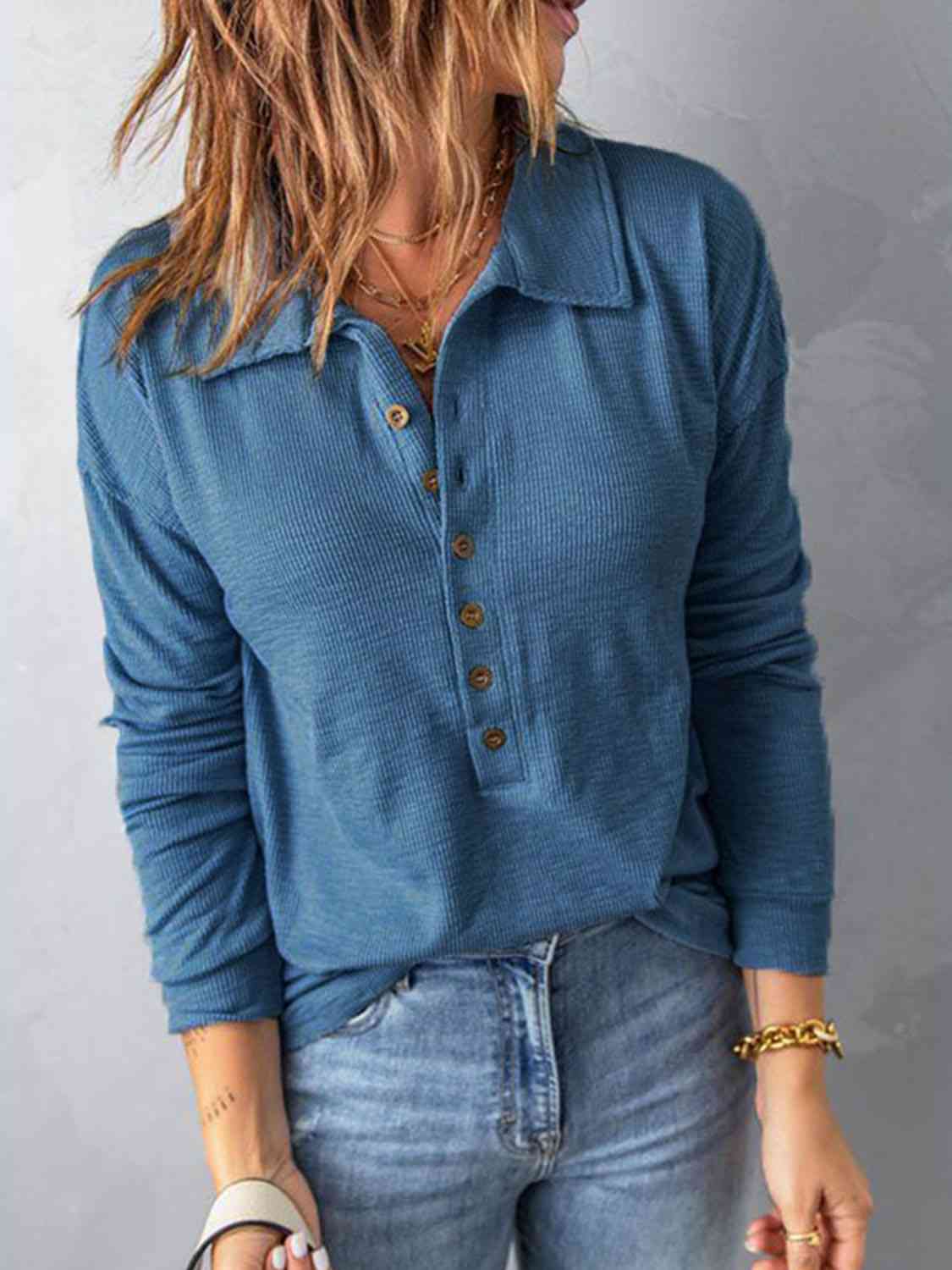 Collared Neck Half Button Top (BFD) T - Deals DejaVu