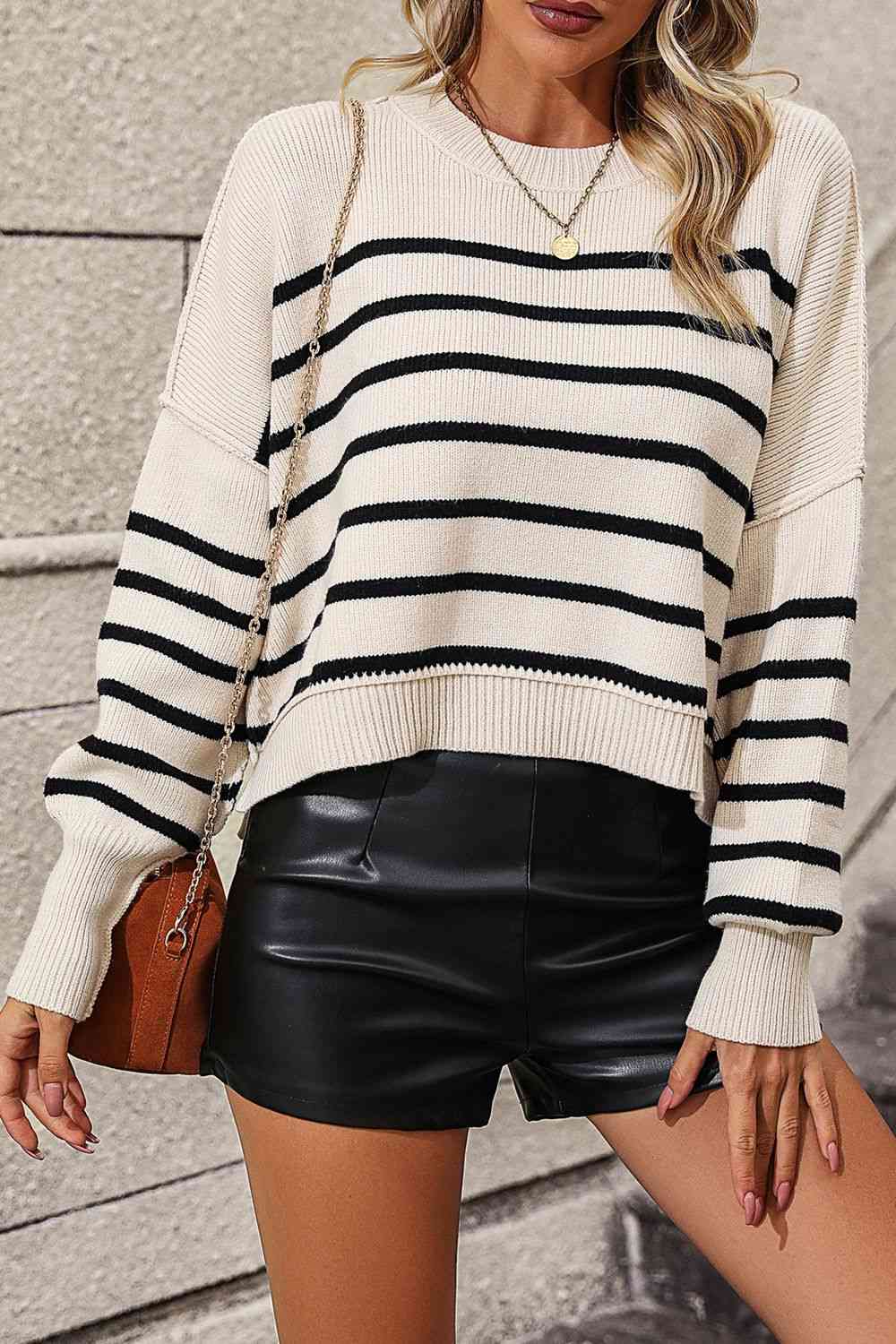 Striped Dropped Shoulder Round Neck Pullover Sweater - Deals DejaVu