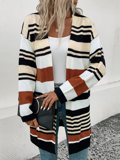 Striped Open Front Drop Shoulder Cardigan - Deals DejaVu