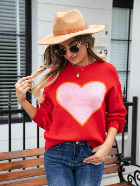 Heart Graphic Round Neck Sweater - Deals DejaVu