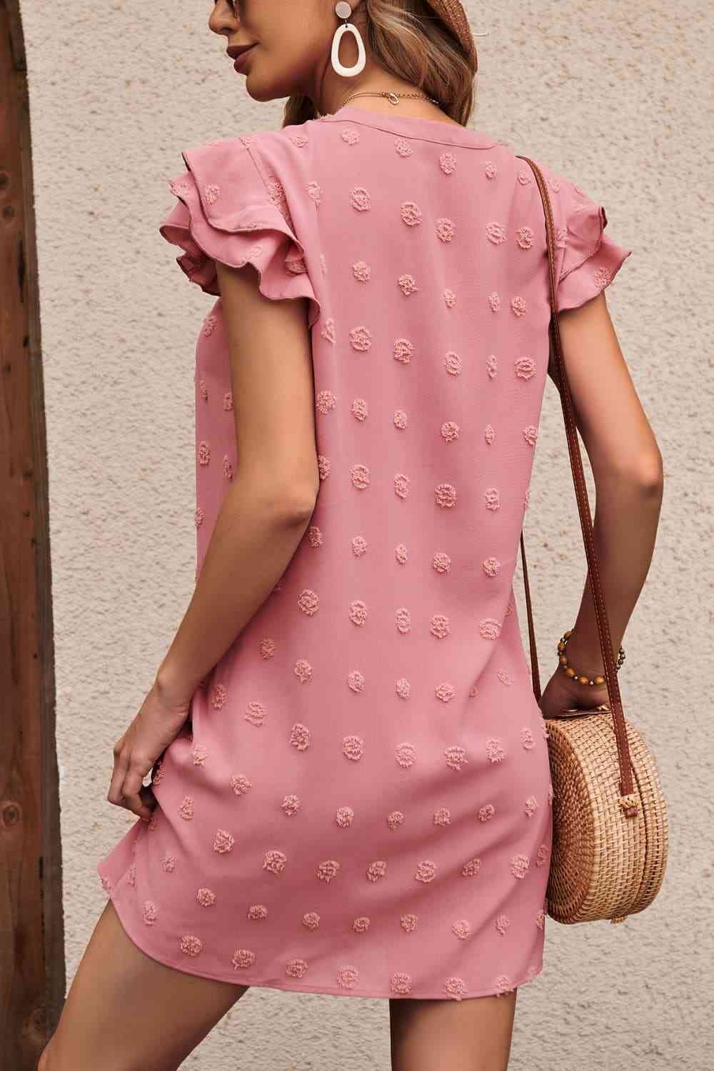 Swiss Dot Notched Neck Flutter Sleeve Dress - Deals DejaVu