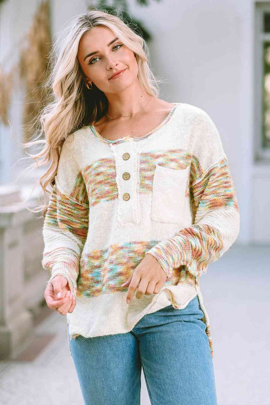 High-Low Half Button Dropped Shoulder Sweater