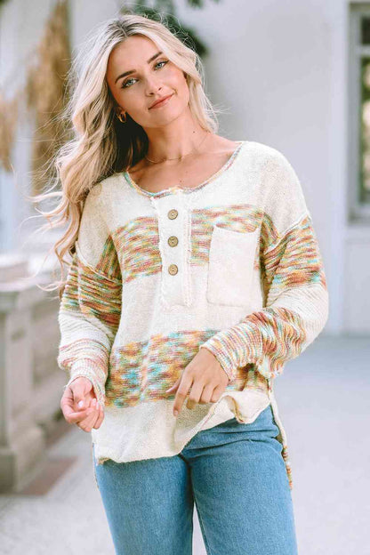 High-Low Half Button Dropped Shoulder Sweater