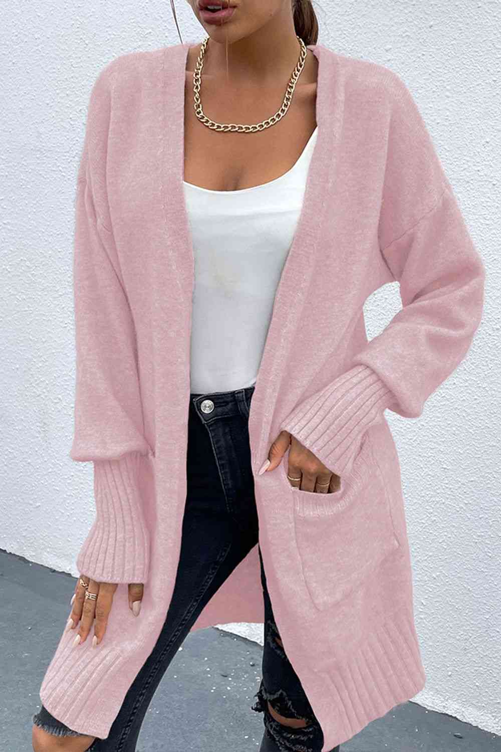 Open Front Dropped Shoulder Pocketed Cardigan