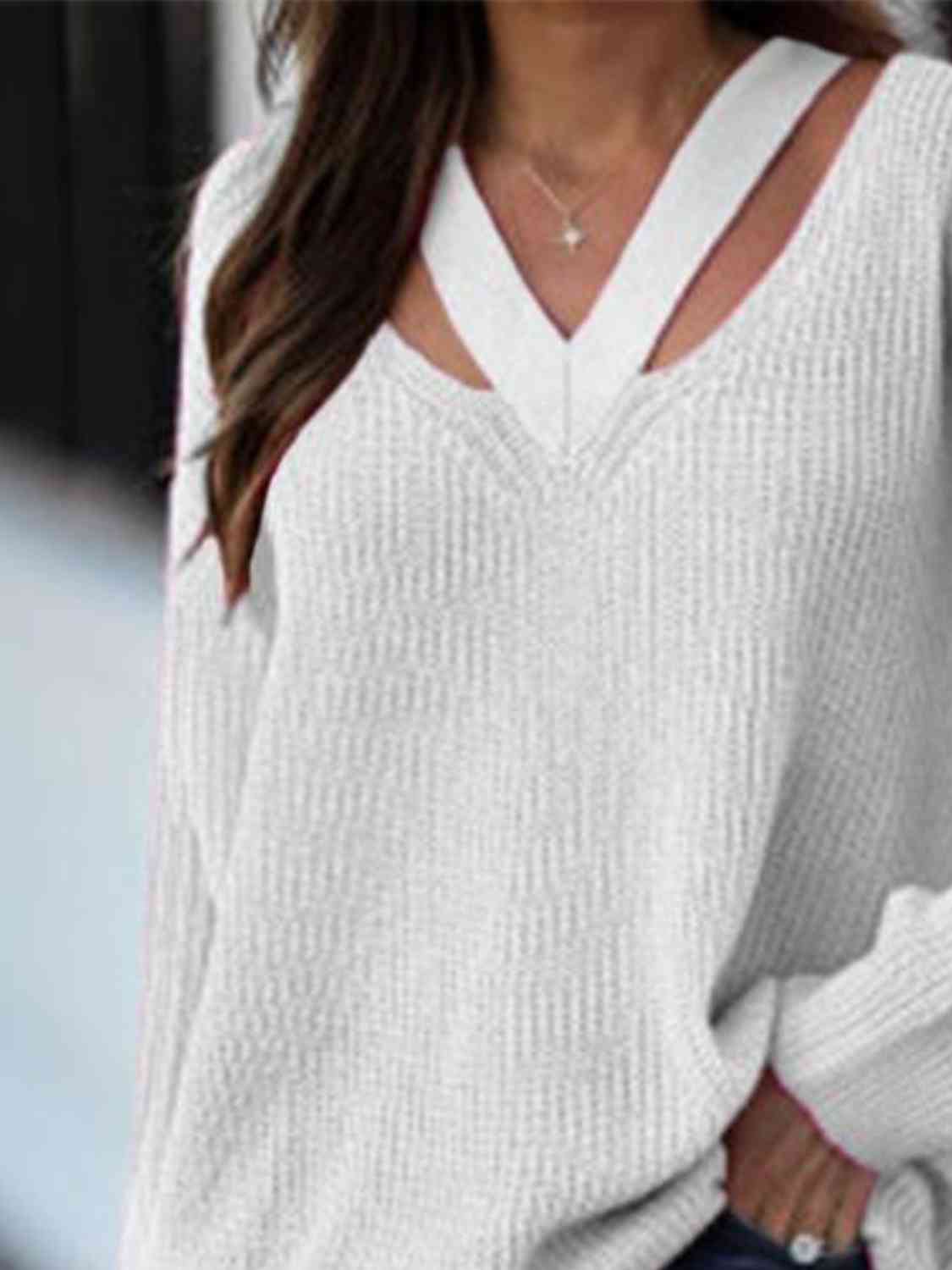 Full Size Cutout V-Neck Rib-Knit Sweater - Deals DejaVu