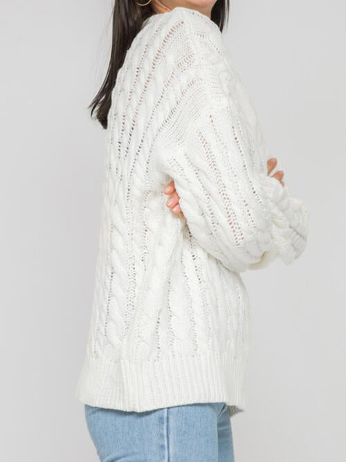 Openwork Round Sleeve Cable-Knit Sweater - Deals DejaVu