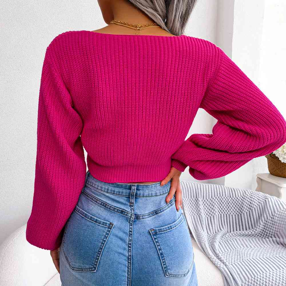 Tie-Front Rib-Knit Cropped Sweater - Deals DejaVu