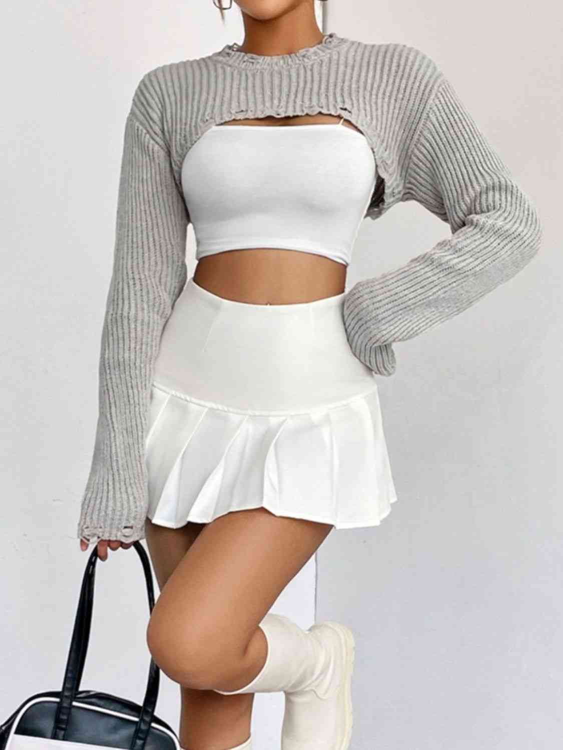 Distressed Long Sleeve Cropped Sweater - Deals DejaVu