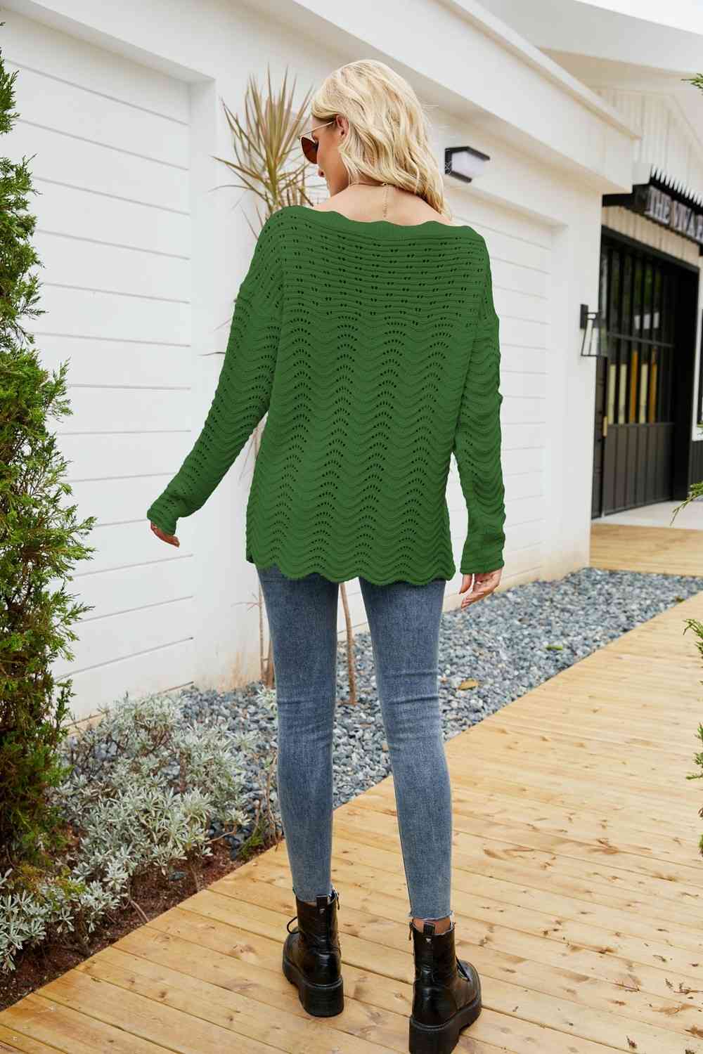 Woven Right Scalloped Boat Neck Openwork Tunic Sweater - Deals DejaVu