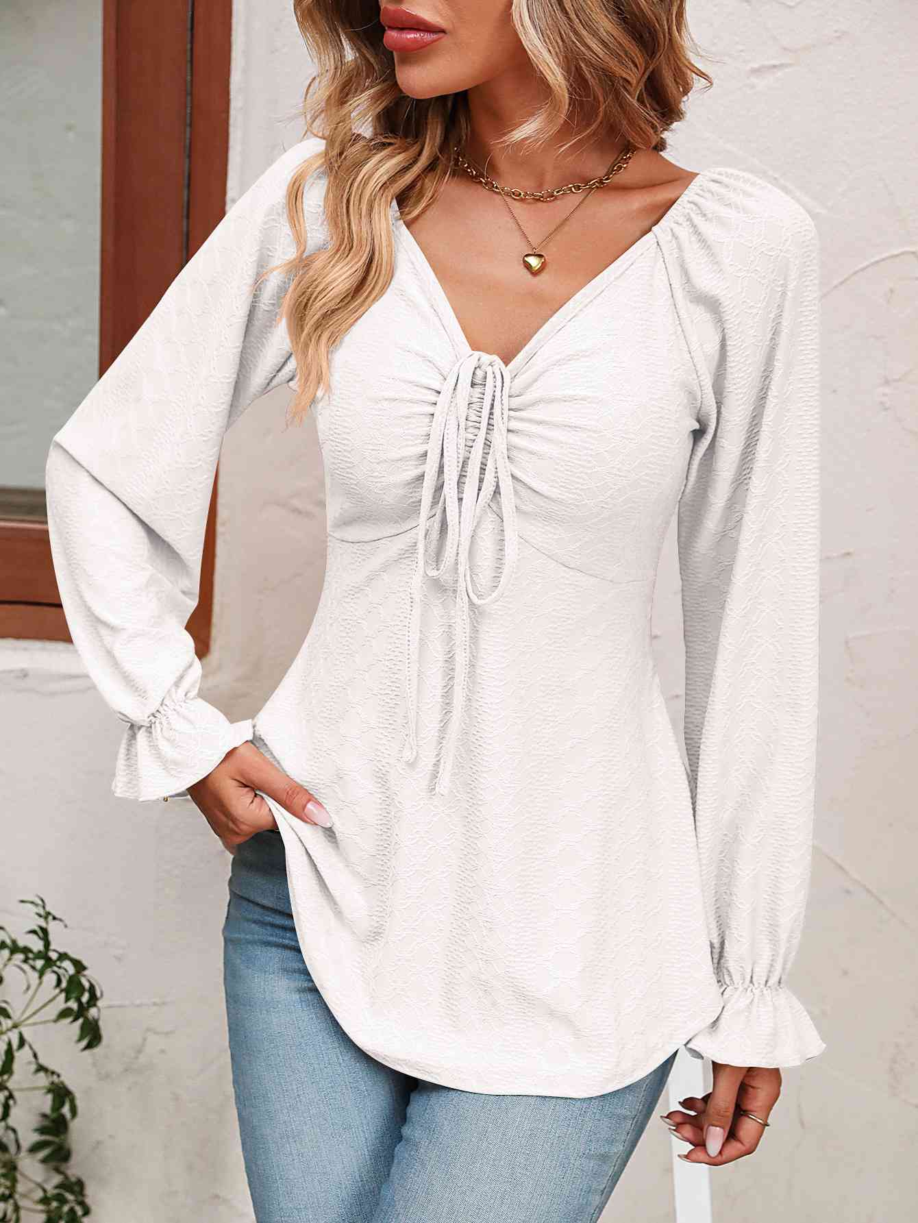 Tie Front V-Neck Puff Sleeve Blouse (BFD) T - Deals DejaVu