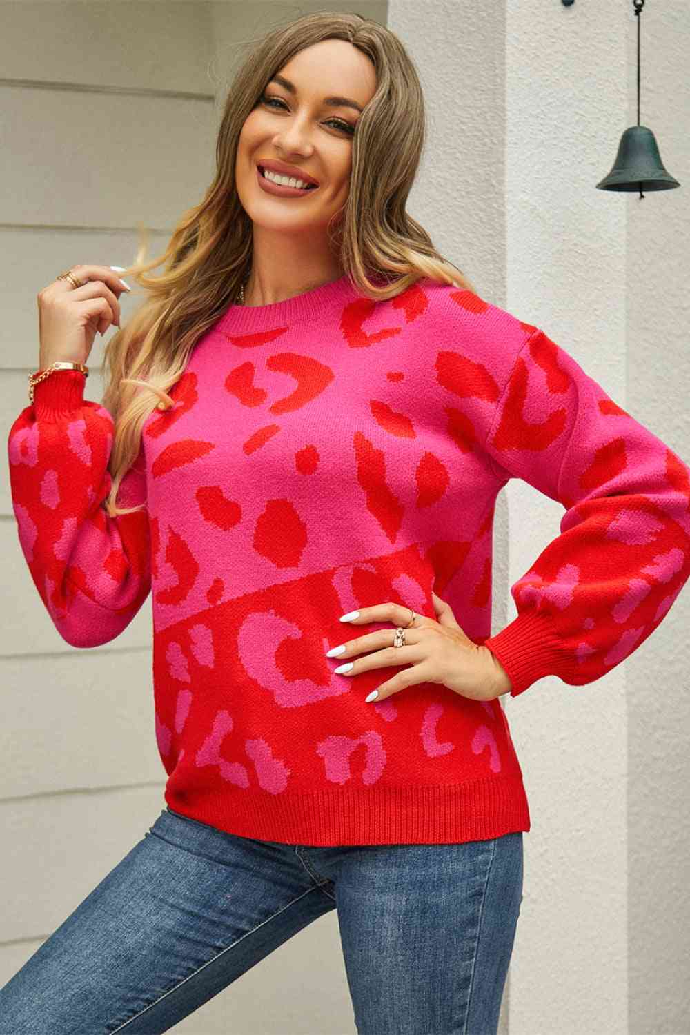 Woven Right Leopard Round Neck Dropped Shoulder Sweater - Deals DejaVu