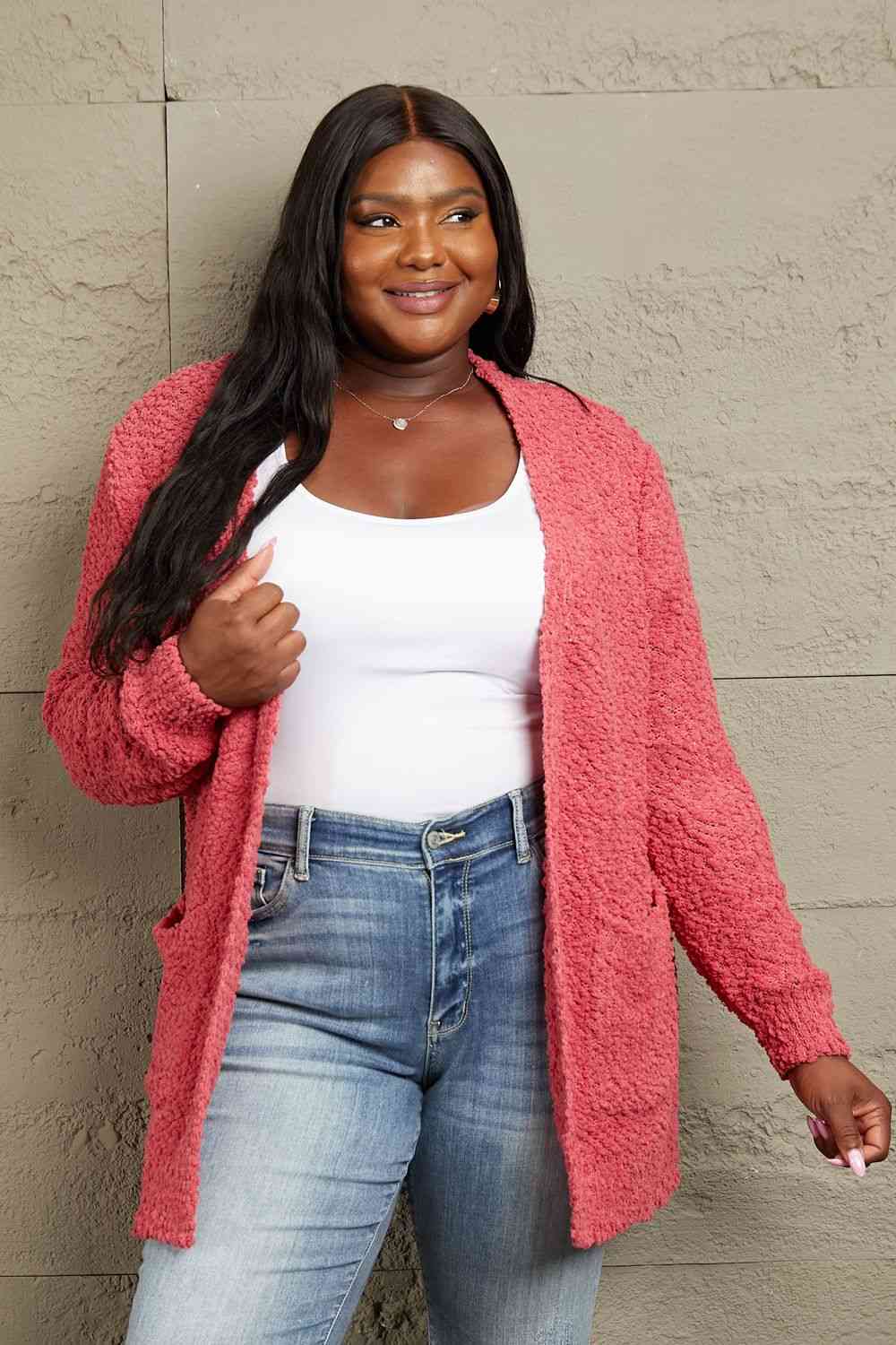 Zenana Falling For You Full Size Open Front Popcorn Cardigan - Deals DejaVu