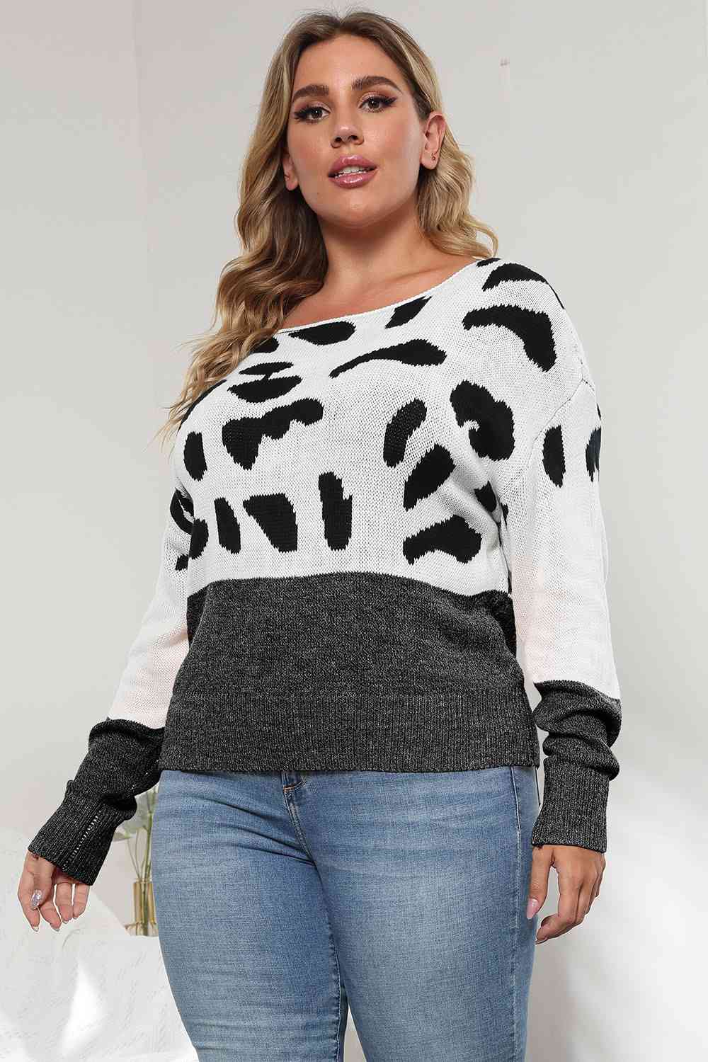 Plus Size Leopard Round Neck Long Sleeve Sweater - Deals DejaVu