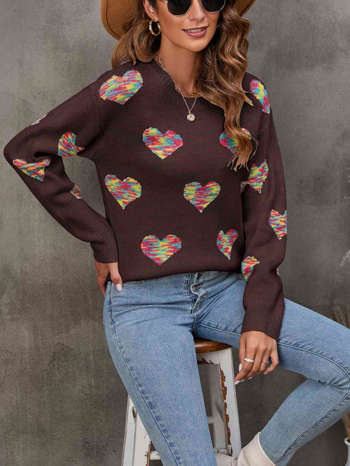 Heart Round Neck Ribbed Trim Sweater - Deals DejaVu