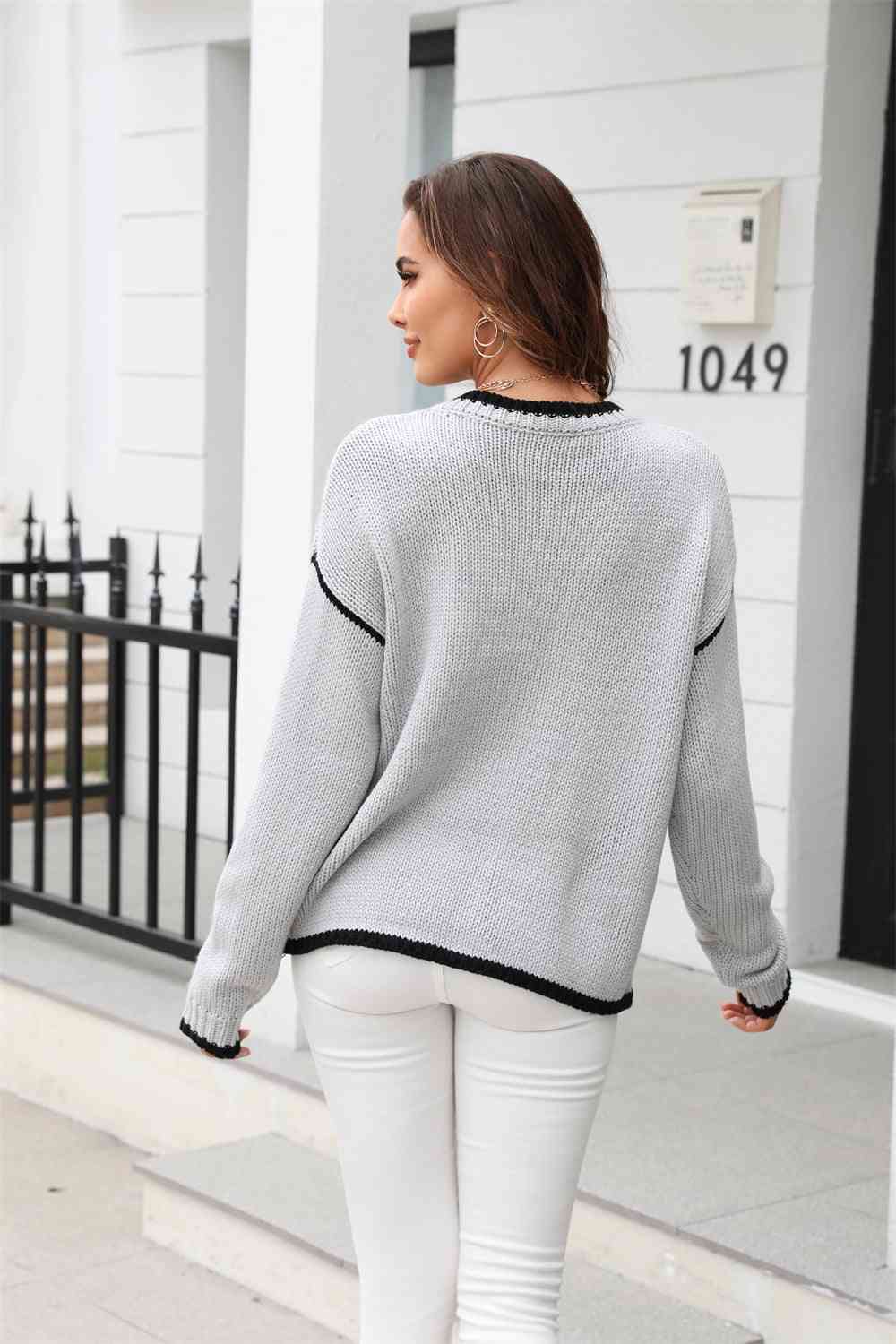 Round Neck Long Sleeve Waffle-Knit Sweater - Deals DejaVu