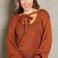 Double Take Tied Balloon Sleeve Round Neck Sweater