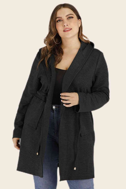 Plus Size Drawstring Waist Hooded Cardigan with Pockets - Deals DejaVu