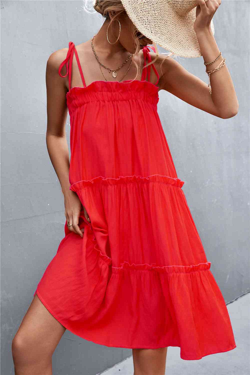 Tie-Shoulder Frill Trim Sleeveless Dress - Deals DejaVu