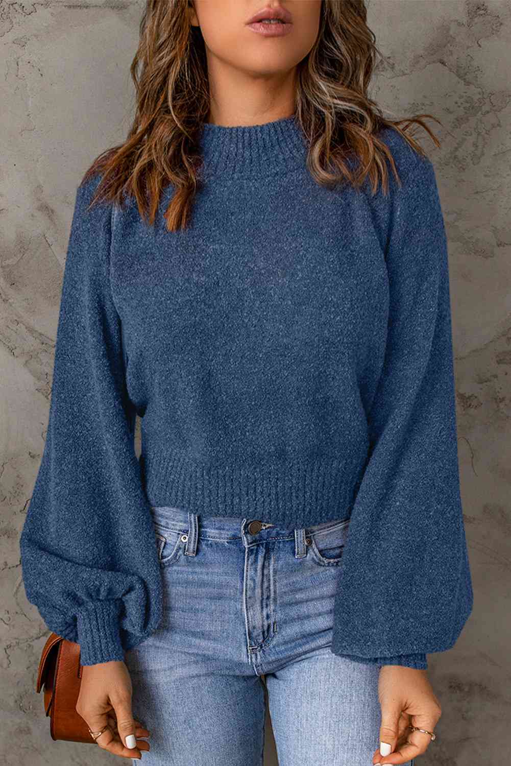 Ribbed Trim Balloon Sleeve Sweater - Deals DejaVu