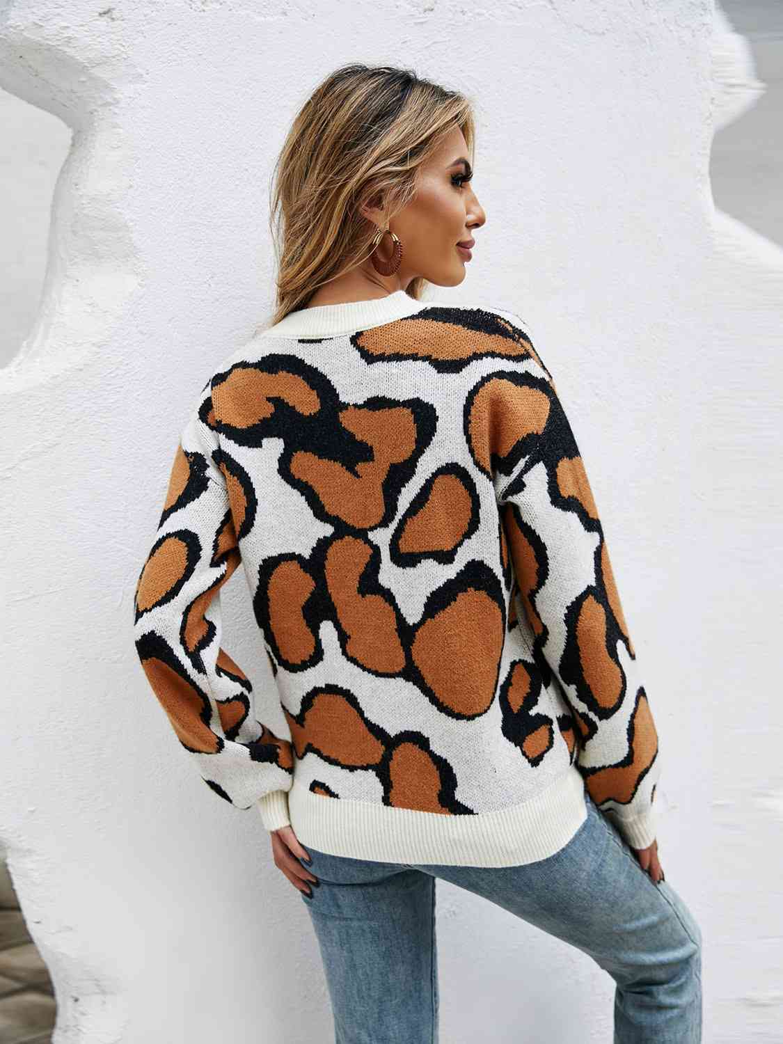 Printed Round Neck Long Sleeve Sweater - Deals DejaVu