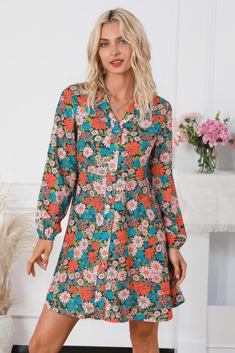 Floral Button Front Collared Neck Shirt Dress (MWBT) T - Deals DejaVu