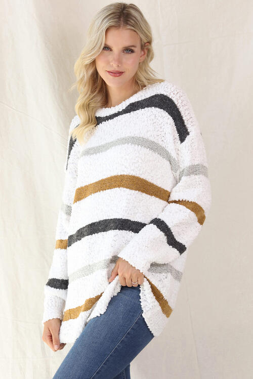 Striped Round Neck Long Sleeve Sweater - Deals DejaVu