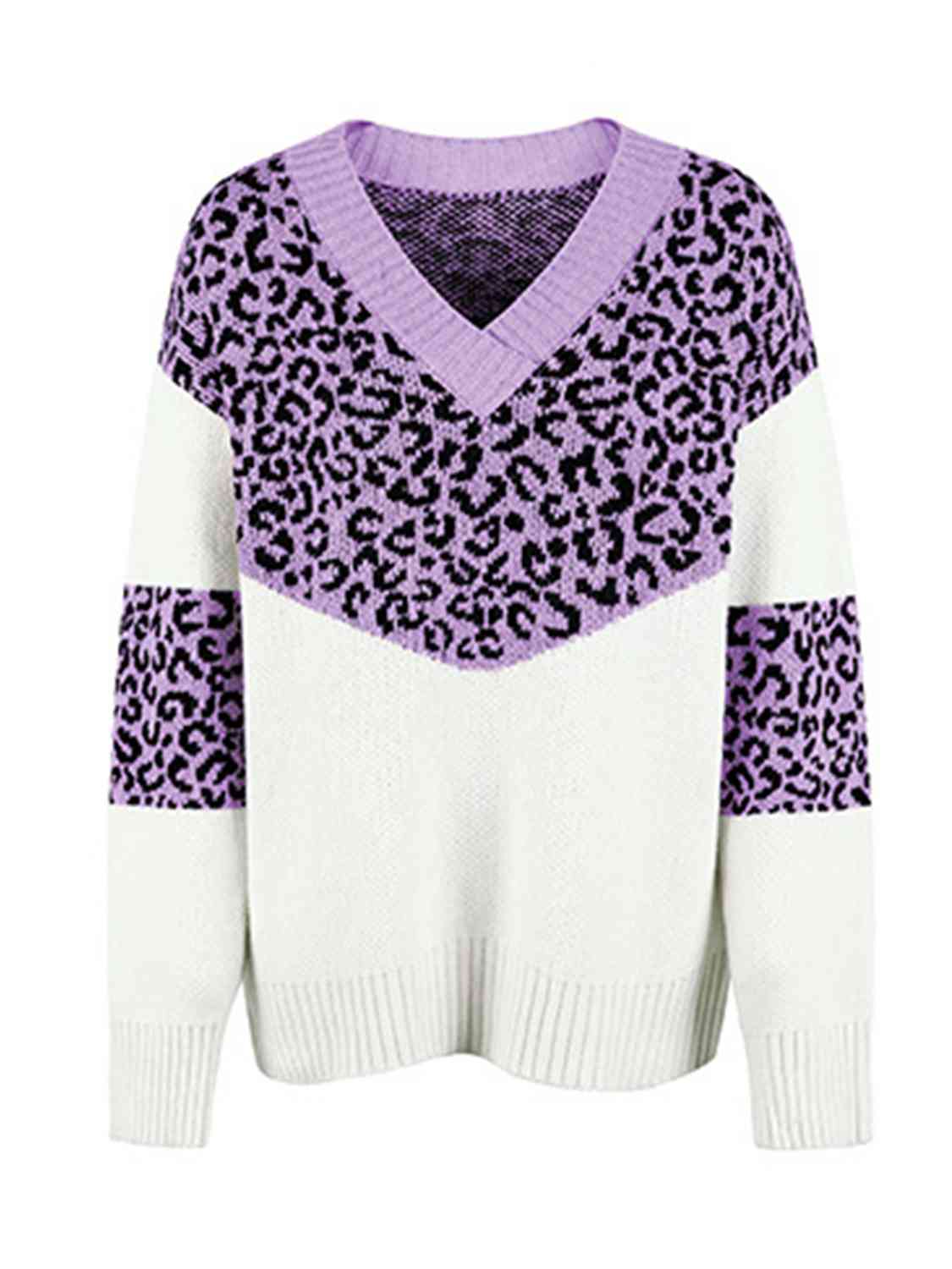 Leopard V-Neck Dropped Shoulder Sweater - Deals DejaVu