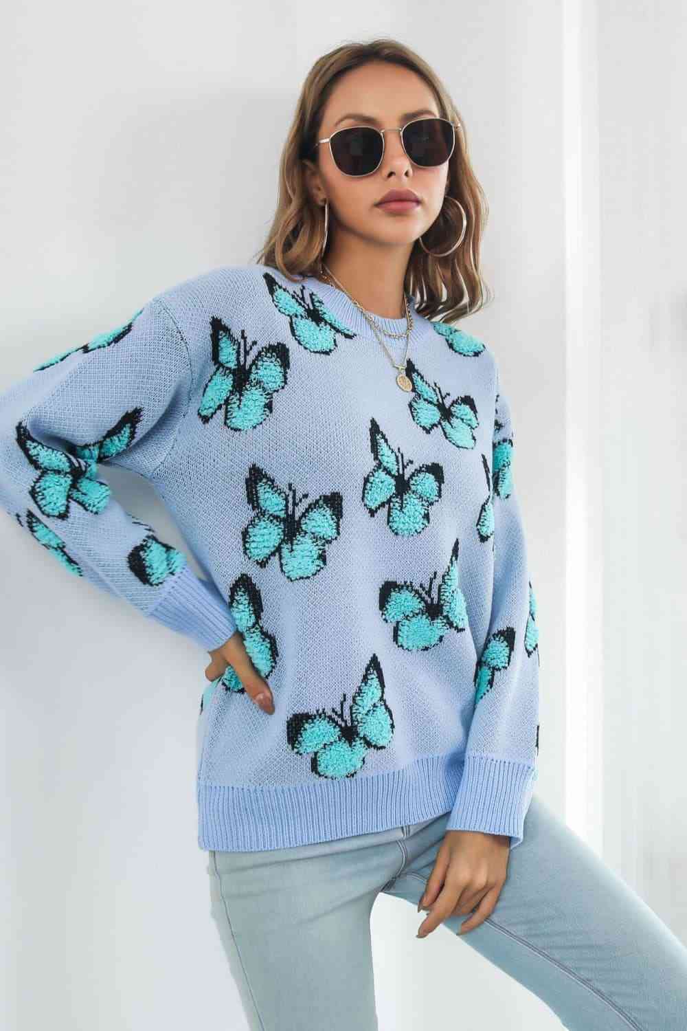 Butterfly Pattern Round Neck Dropped Shoulder Sweater - Deals DejaVu