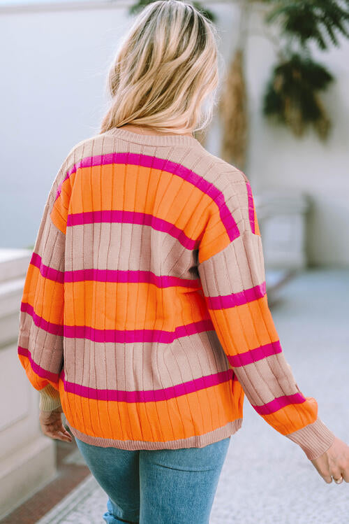 Ribbed Striped Open Front Long Sleeve Cardigan