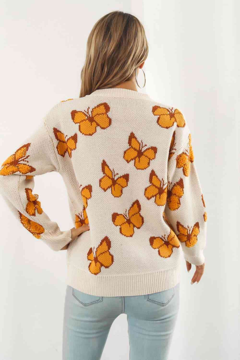 Butterfly Pattern Round Neck Dropped Shoulder Sweater - Deals DejaVu