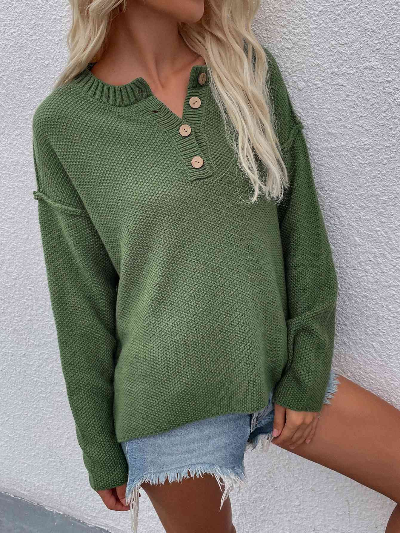 Buttoned Exposed Seam High-Low Sweater - Deals DejaVu