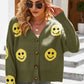 Smiley Face Ribbed Trim V-Neck Cardigan