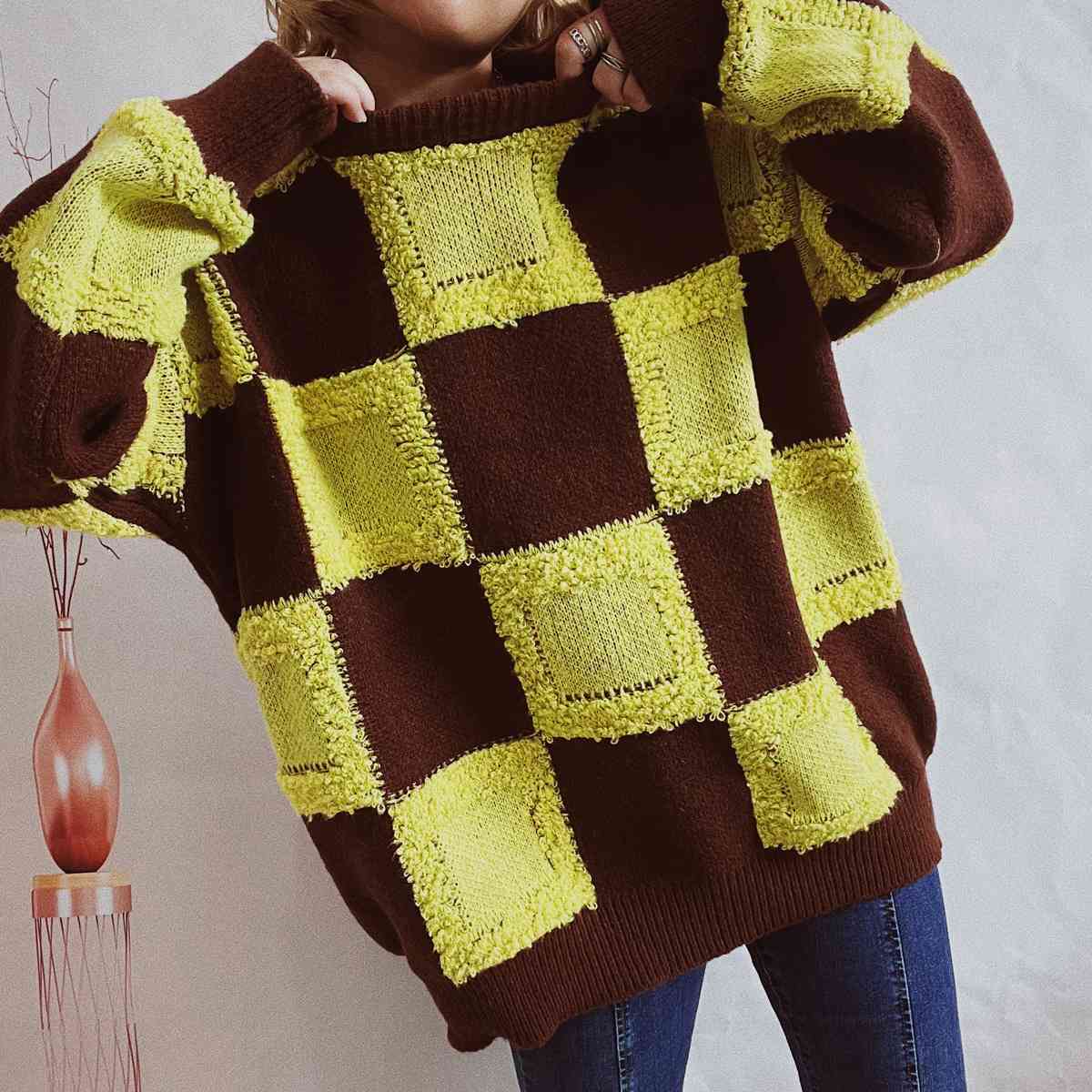 Checkered Round Neck Long Sleeve Sweater - Deals DejaVu