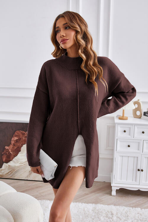 Exposed Seam Mock Neck Slit Sweater - Deals DejaVu