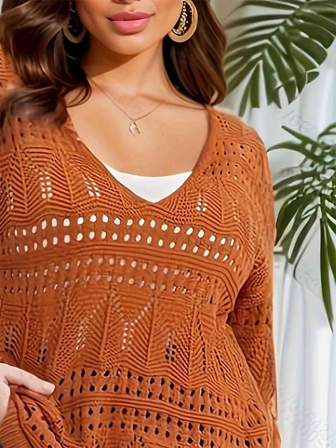 Plus Size Openwork Plunge Long Sleeve Sweater - Deals DejaVu