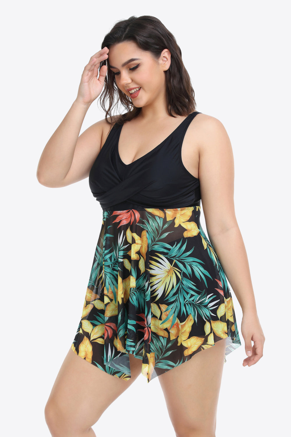 Plus Size Floral Two-Tone Asymmetrical Hem Two-Piece Swimsuit (TB13D) T