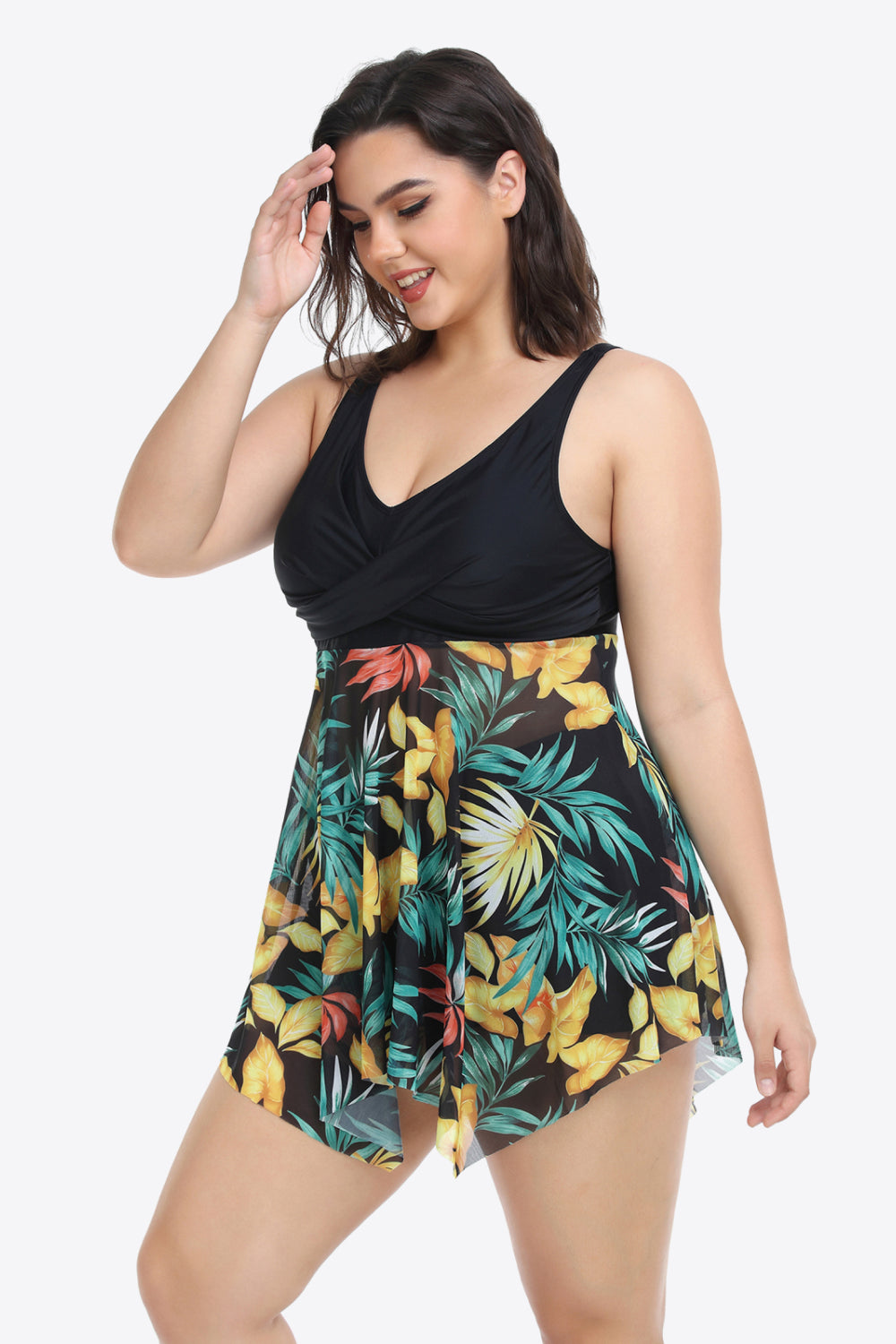 Plus Size Floral Two-Tone Asymmetrical Hem Two-Piece Swimsuit (TB13D) T - Deals DejaVu