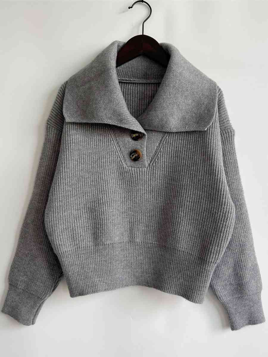 Statement Collar Half Button Sweater - Deals DejaVu