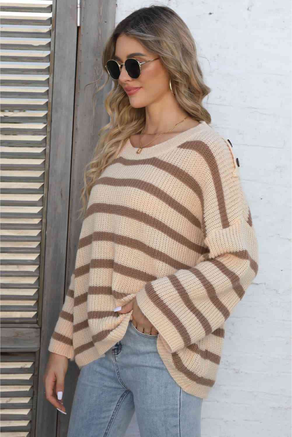 Round Neck Dropped Shoulder Striped Sweater - Deals DejaVu