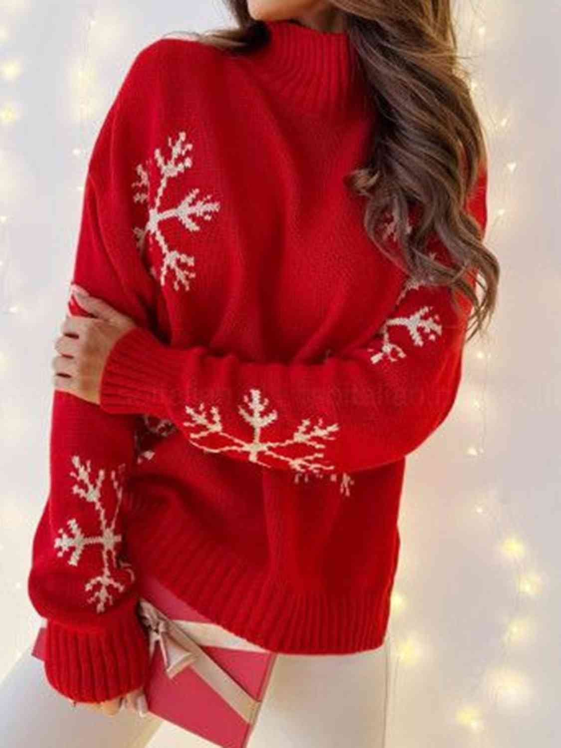 Snowflake Print Turtleneck Sweater - Deals DejaVu