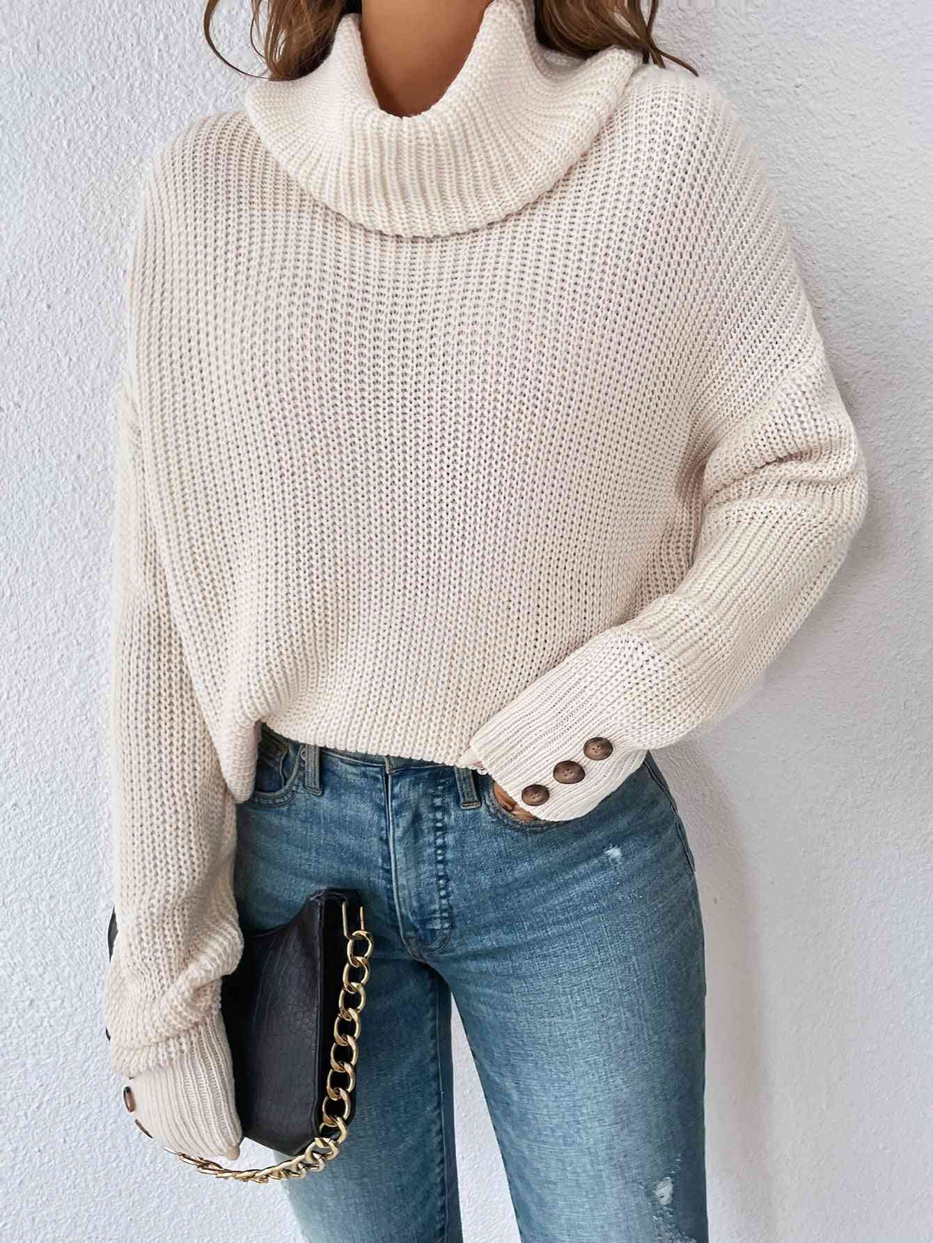 Woven Right Decorative Button Turtleneck Dropped Shoulder Sweater - Deals DejaVu