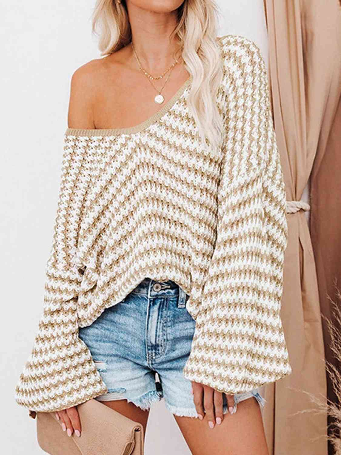 Striped Drop Shoulder V-Neck Sweater - Deals DejaVu